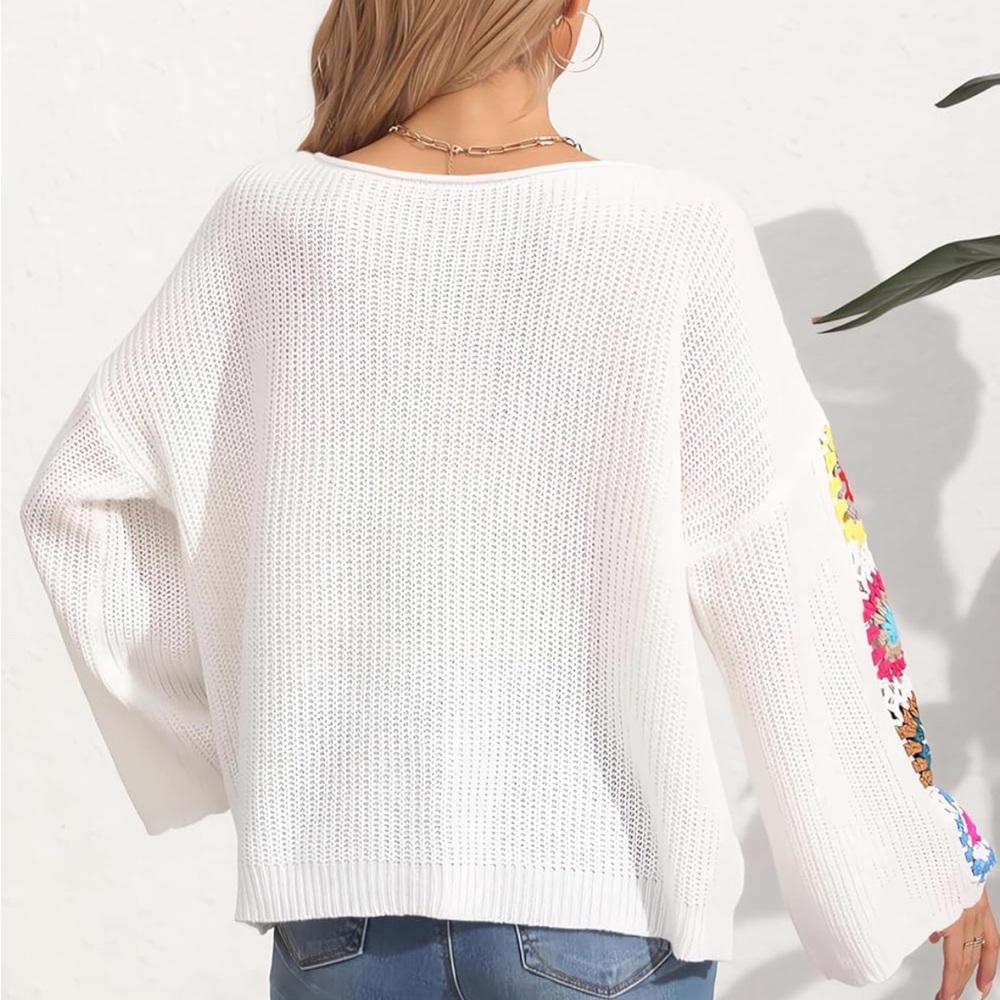 White Crochet-Sleeve Knit Sweater with Multicolor Floral Accents - Picture 5 of 5